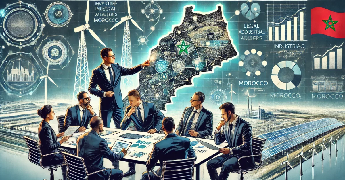 DALL·E 2024-10-23 23.00.05 - A business meeting scene showing investors and legal advisors collaborating in Morocco. The background includes a detailed map of Morocco with highlig